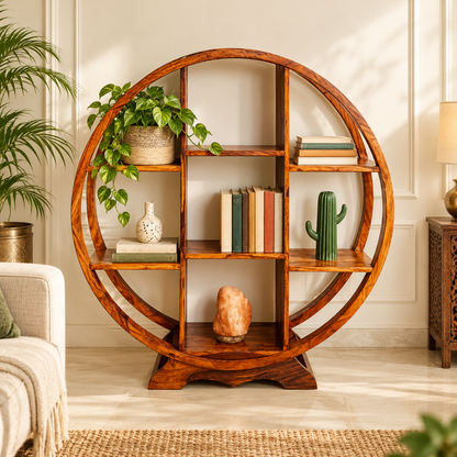 Circular solid Sheesham wood bookshelf styled in a living room