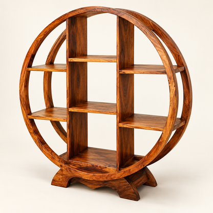 Side view showing depth of circular Sheesham wood bookshelf