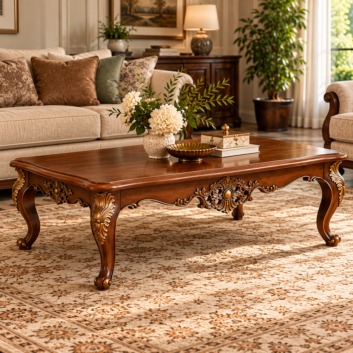 Classic carved teak wood rectangular coffee table in elegant living room