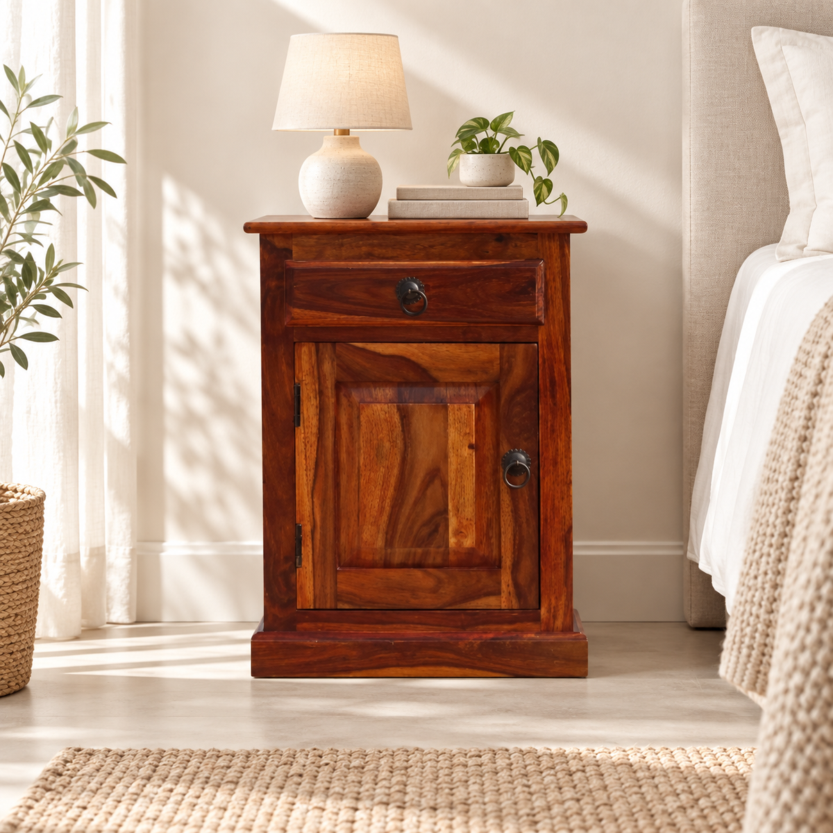 Classic Panel Bedside Table with Cabinet styled beside a bed
