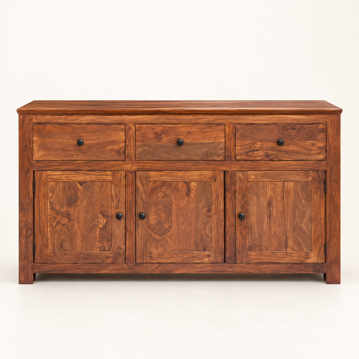 Classic Wooden Sideboard with Three Drawers in natural teak-tone finish – material and detail close-up
