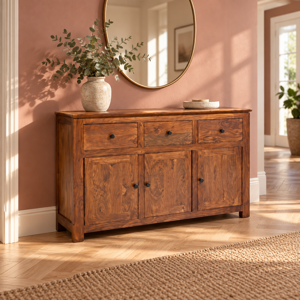 Classic Wooden Sideboard with Three Drawers in natural teak-tone finish – dimensions 57 × 18 × 34.2 inches, width × depth × height