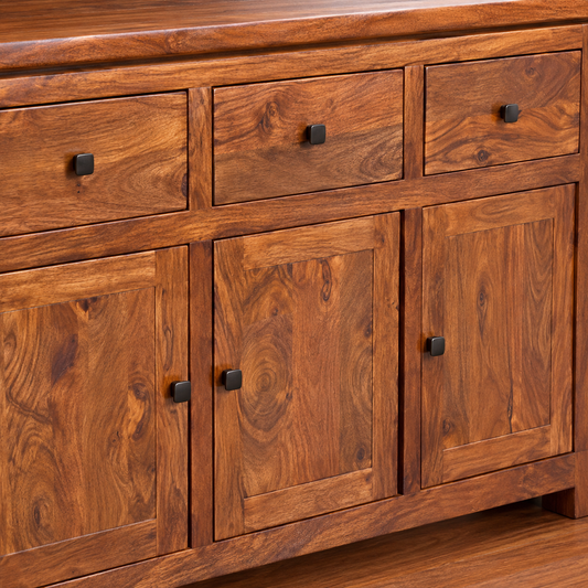 Classic Wooden Sideboard with Three Drawers in natural teak-tone finish – front studio view