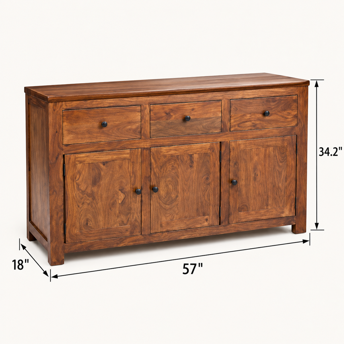 Classic Wooden Sideboard with Three Drawers in natural teak-tone finish – lifestyle setting