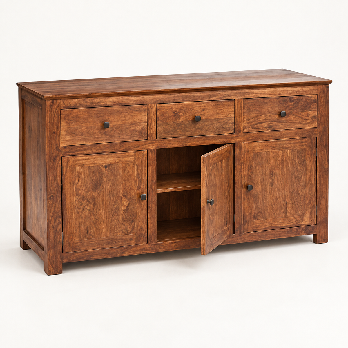 Classic Wooden Sideboard with Three Drawers in natural teak-tone finish – angled side studio view