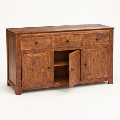 Classic Wooden Sideboard with Three Drawers in natural teak-tone finish – angled side studio view