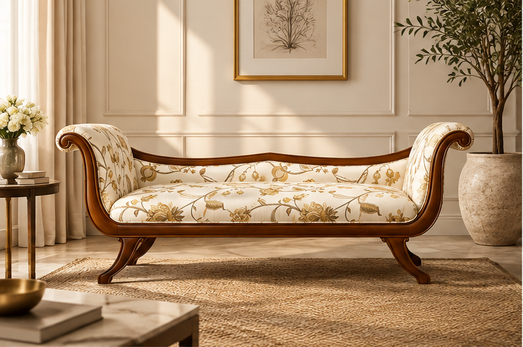 Classic teak wood upholstered couch with floral fabric styled in an elegant living room