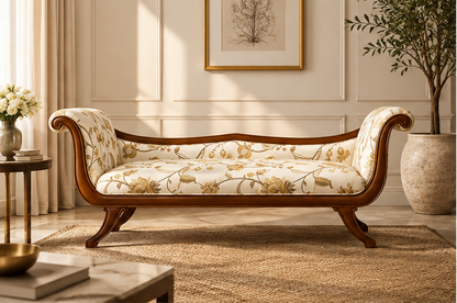 Classic teak wood upholstered couch with floral fabric styled in an elegant living room