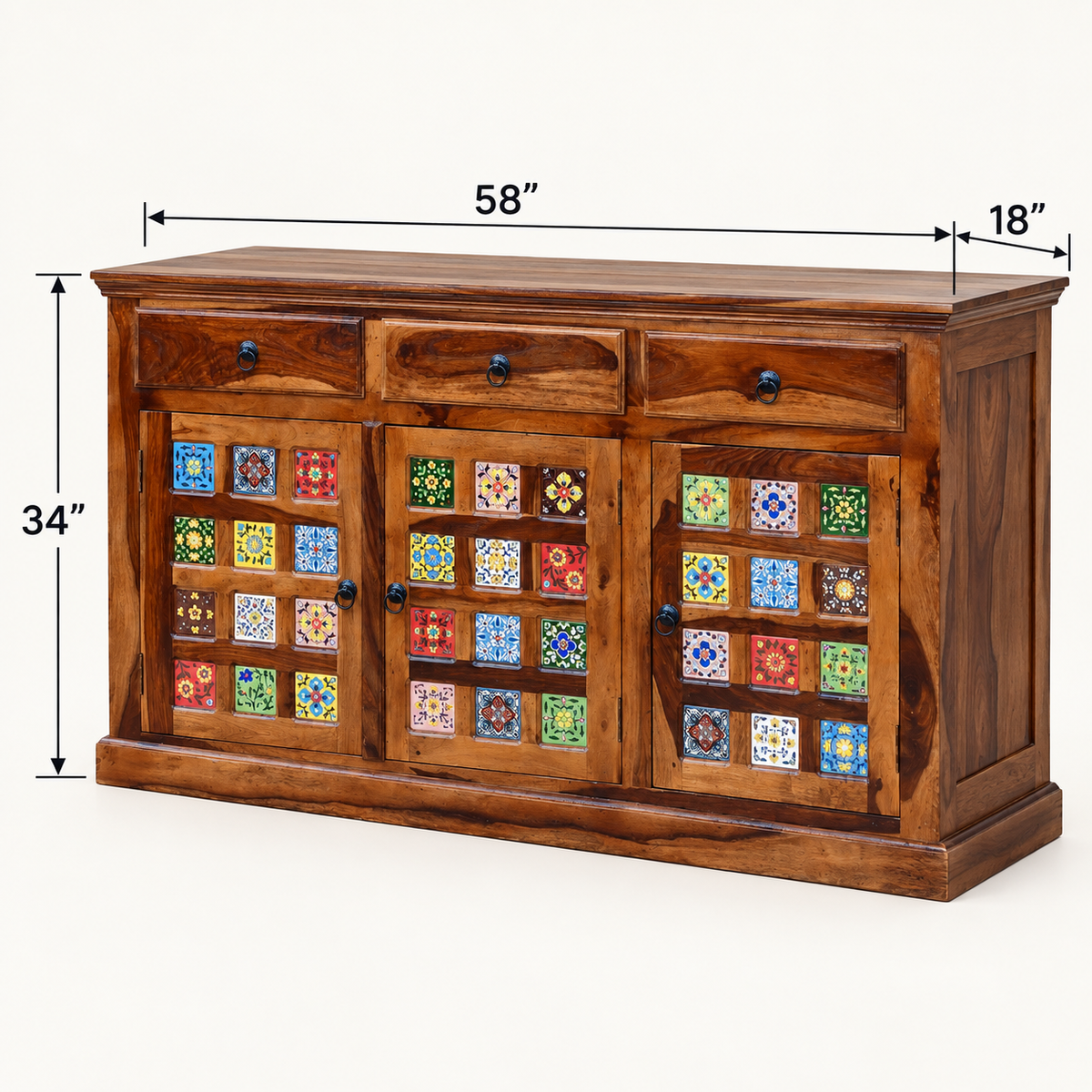 Colourful Ceramic Tile Wooden Sideboard in dark brown finish – dimensions 58 × 18 × 34 inches, width × depth × height