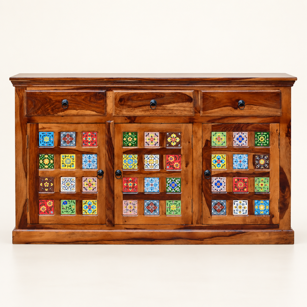 Colourful Ceramic Tile Wooden Sideboard in dark brown finish – front studio view
