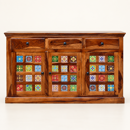 Colourful Ceramic Tile Wooden Sideboard in dark brown finish – front studio view