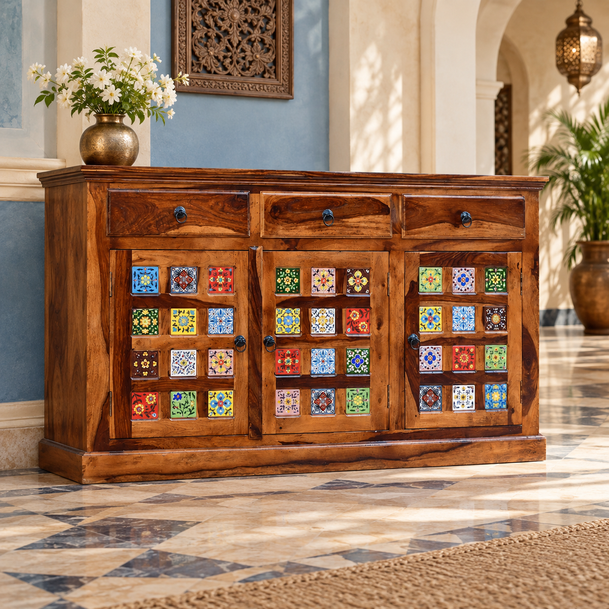 Colourful Ceramic Tile Wooden Sideboard in dark brown finish – lifestyle setting