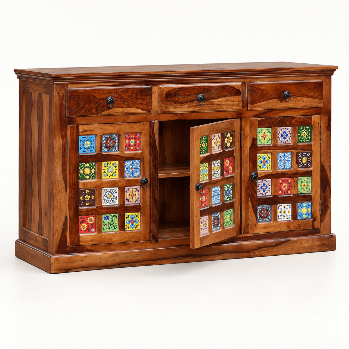 Colourful Ceramic Tile Wooden Sideboard in dark brown finish – angled side studio view