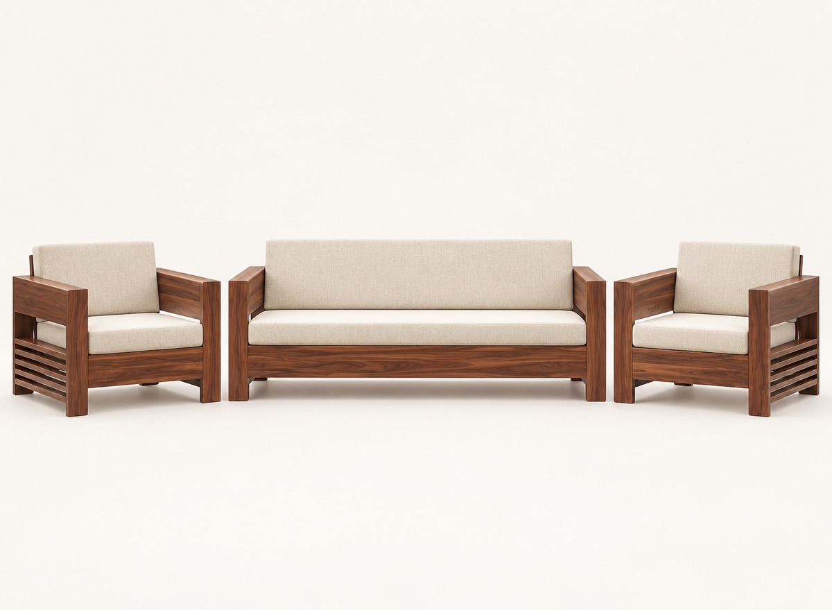 Cream Slab-Arm Teak Wood Sofa Set (3+1+1) angled view view