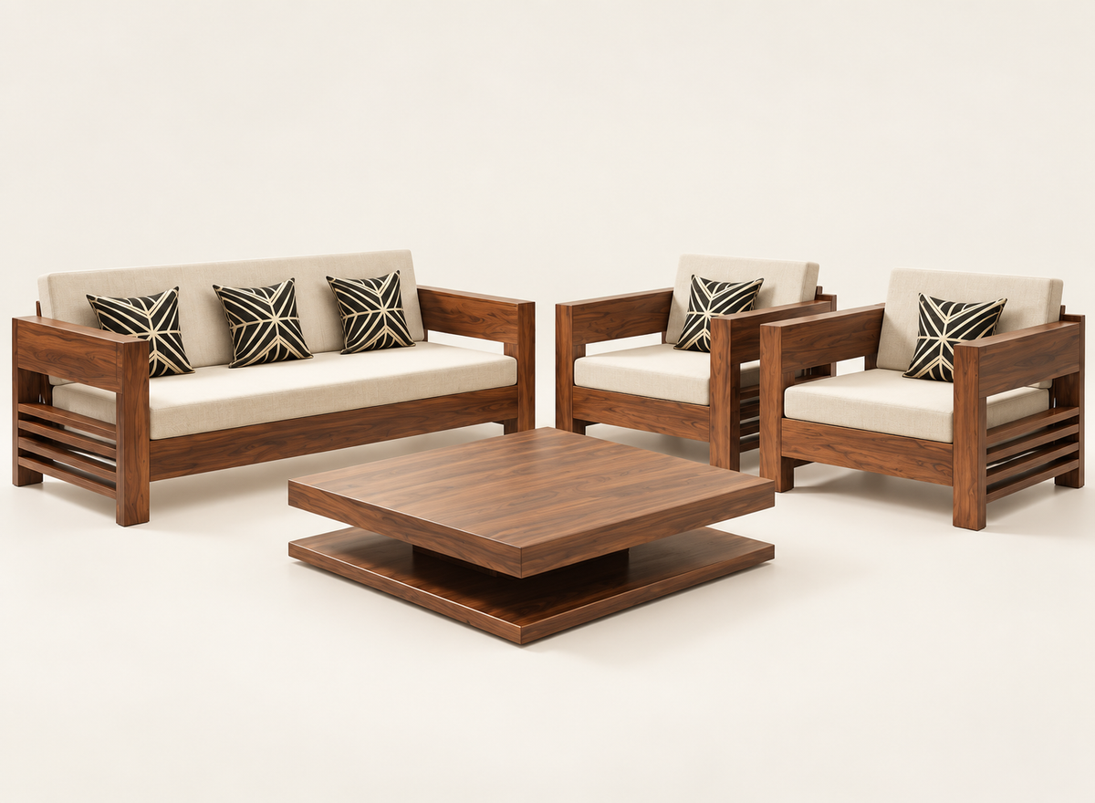 Cream Slab-Arm Teak Wood Sofa Set (3+1+1) complete set front view