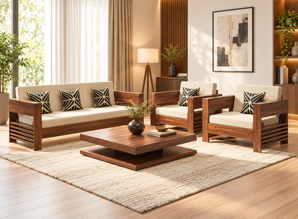 Cream Slab-Arm Teak Wood Sofa Set (3+1+1) lifestyle view