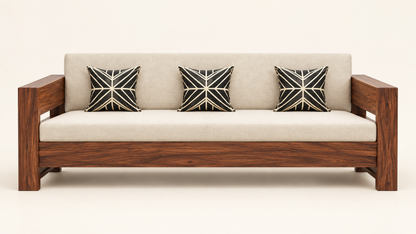 Cream Slab-Arm Teak Wood Sofa Set (3+1+1) main sofa view
