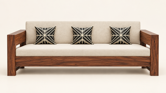Cream Slab-Arm Teak Wood Sofa Set (3+1+1) main sofa view