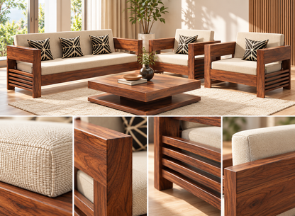 Cream Slab-Arm Teak Wood Sofa Set (3+1+1) material close up view