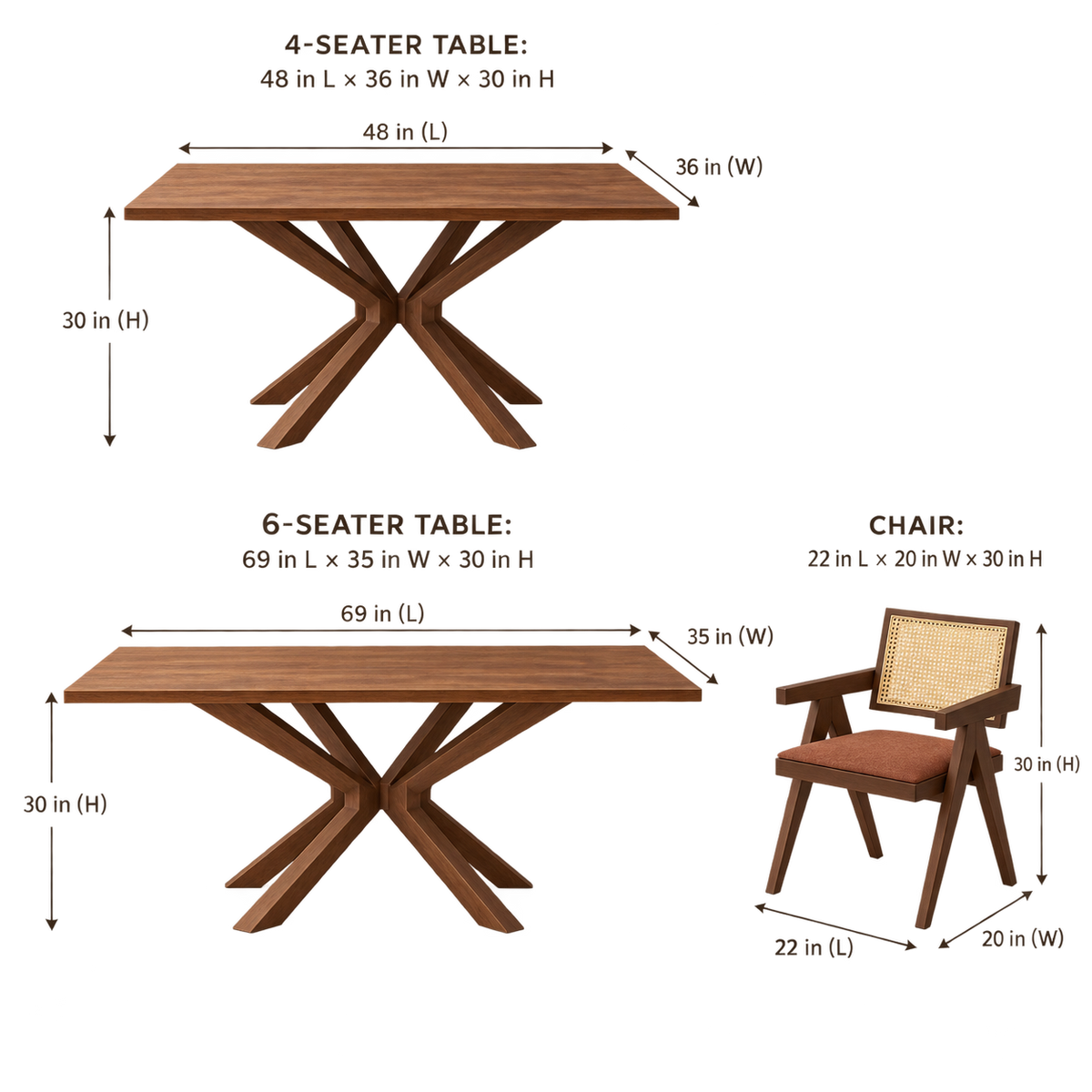 Cross-Leg Cane-Back Dining Set dimension guide showing table and chair measurements.