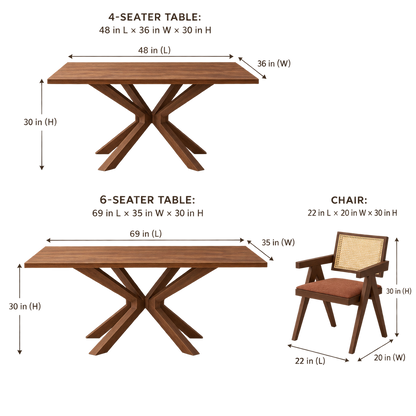 Cross-Leg Cane-Back Dining Set dimension guide showing table and chair measurements.