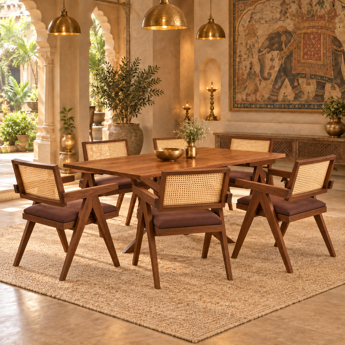 A mid-century modern dining set consisting of a rectangular wooden table and six matching armchairs with woven cane backs and brown cushioned seats, styled in a warm, rustic, South Asian-inspired dining room.