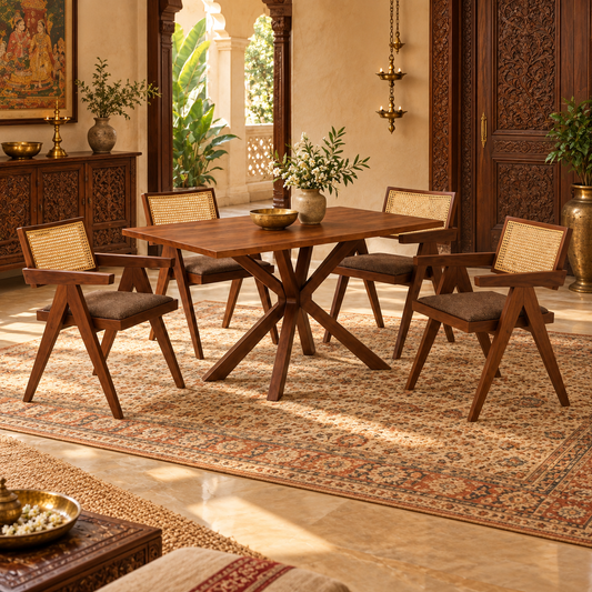 A wooden dining table with four matching armchairs in a richly decorated traditional Indian room. The chairs feature woven cane backs and brown upholstered seats, arranged on a large patterned rug.
