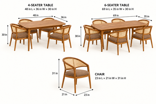 Curved-Arm Cane Dining Set dimension guide showing table and chair measurements.