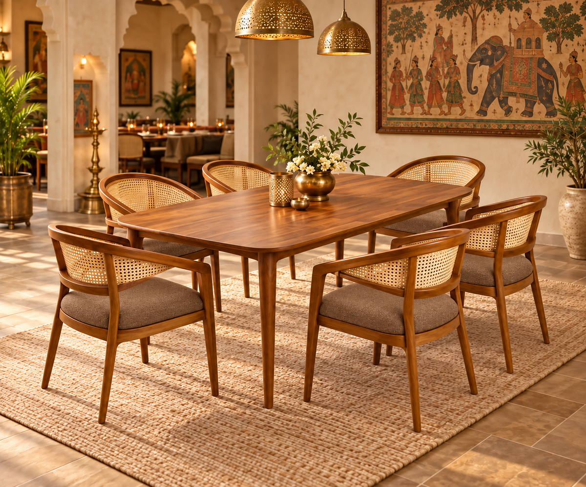 A wooden dining table with six matching armchairs featuring woven cane backs and gray upholstered seats, styled in a warm, traditional Indian restaurant setting with a jute rug, hanging brass pendant lights, and a large elephant wall art.
