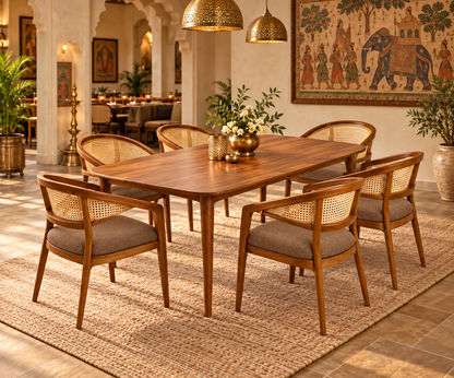 A wooden dining table with six matching armchairs featuring woven cane backs and gray upholstered seats, styled in a warm, traditional Indian restaurant setting with a jute rug, hanging brass pendant lights, and a large elephant wall art.