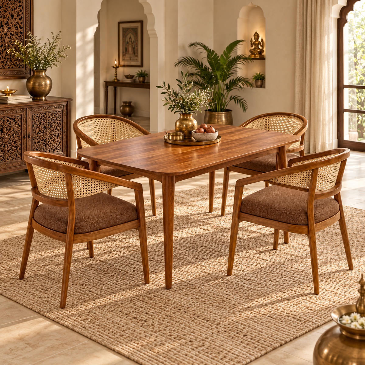 A wooden dining table with four matching armchairs featuring woven cane backs and brown upholstered seats, styled in a warm, sunlit traditional interior with a woven rug and decorative plants.