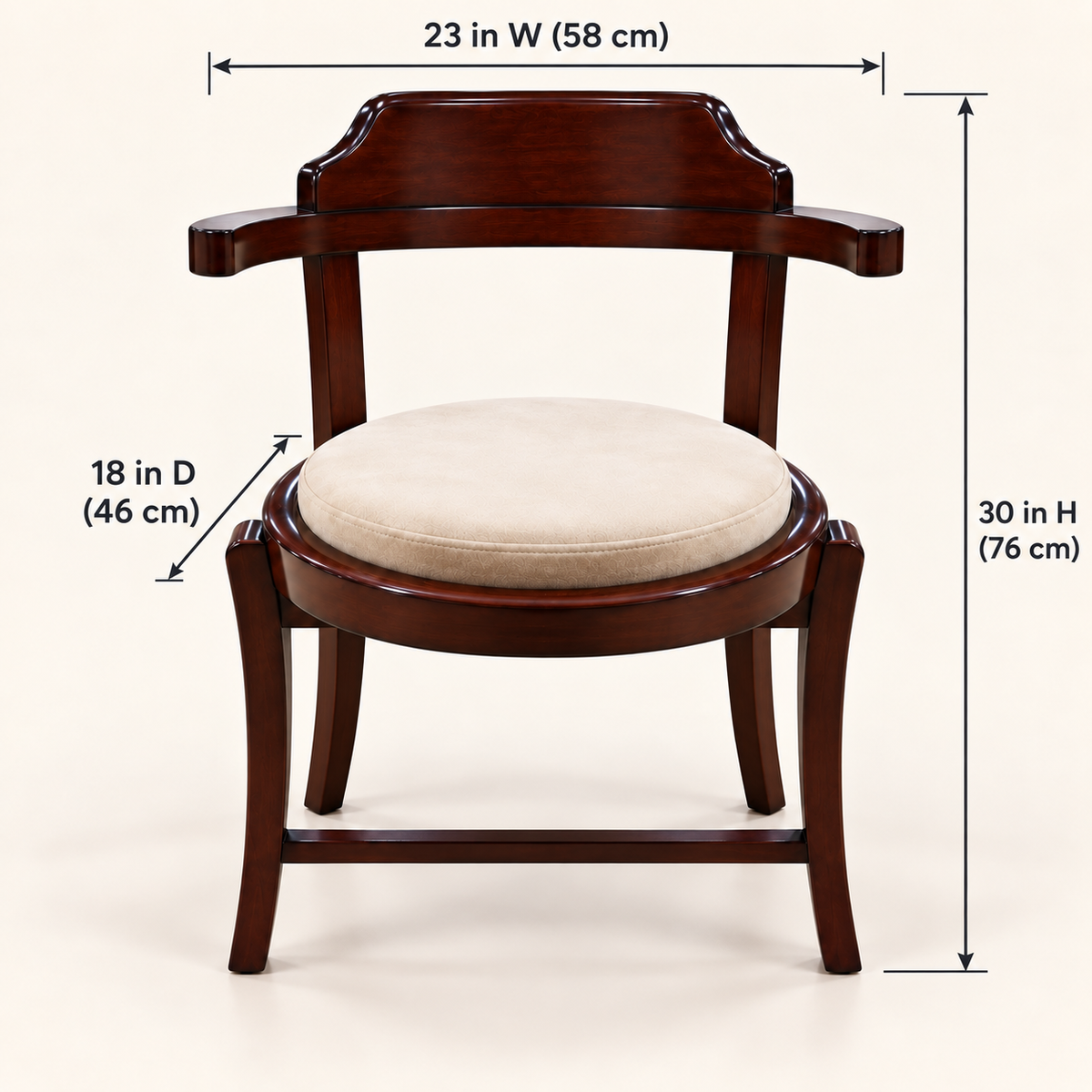 Curved-Back Teak Wood Accent Chair with Round Cushion dimensions and measurements