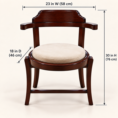 Curved-Back Teak Wood Accent Chair with Round Cushion dimensions and measurements