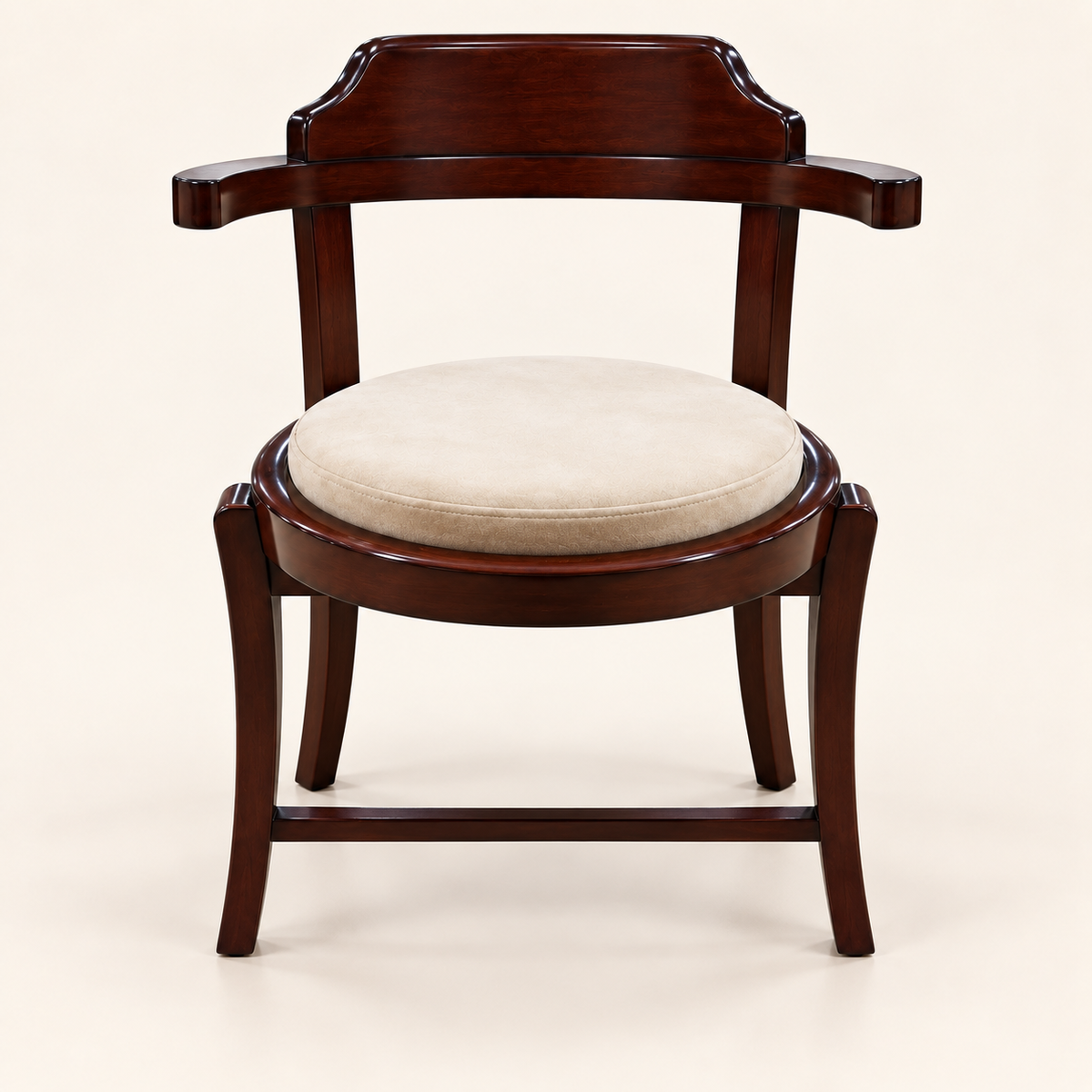 Curved-Back Teak Wood Accent Chair with Round Cushion front studio view