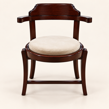 Curved-Back Teak Wood Accent Chair with Round Cushion front studio view