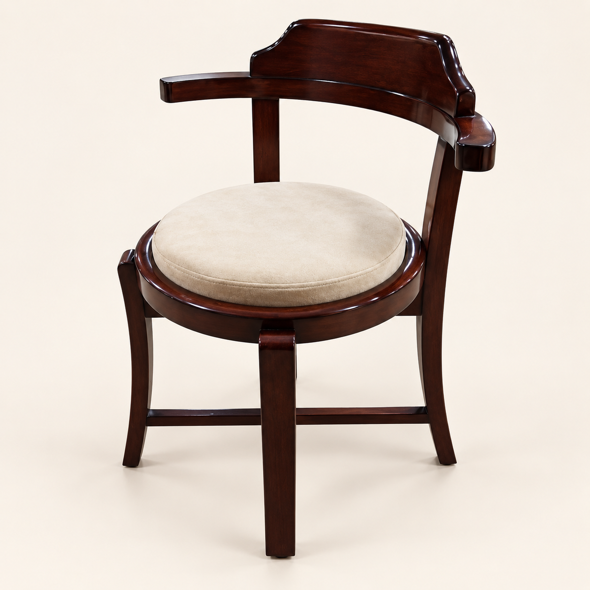 Curved-Back Teak Wood Accent Chair with Round Cushion side studio view