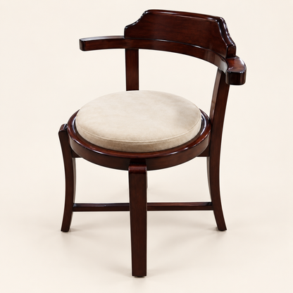 Curved-Back Teak Wood Accent Chair with Round Cushion side studio view