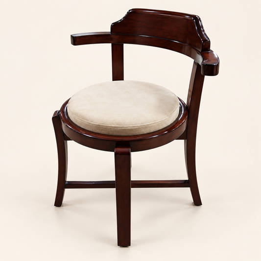 Curved-Back Teak Wood Accent Chair with Round Cushion side studio view
