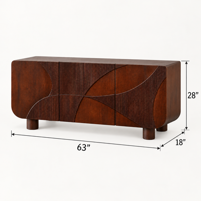 Curved Fluted Wooden Sideboard in dark walnut finish – dimensions 63 × 18 × 28 inches, width × depth × height
