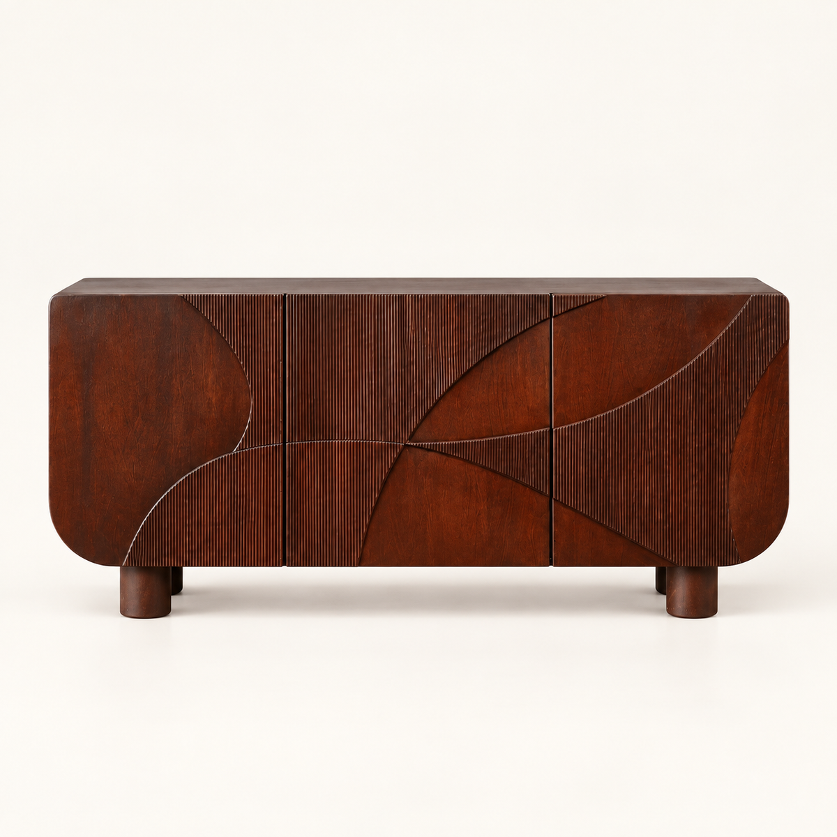 Curved Fluted Wooden Sideboard in dark walnut finish – front studio view
