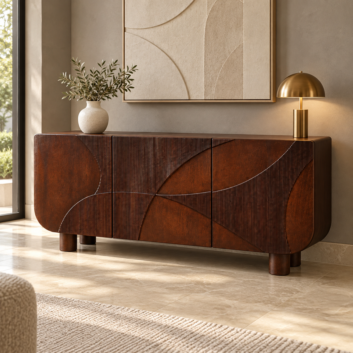 Curved Fluted Wooden Sideboard in dark walnut finish – lifestyle setting
