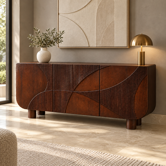 Curved Fluted Wooden Sideboard in dark walnut finish – lifestyle setting