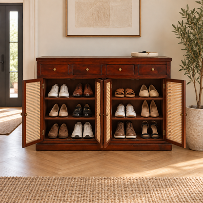 Dark Walnut Four-Door Cane Shoe Cabinet styled in an entryway with footwear and everyday accessories