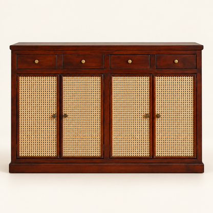 Dark Walnut Four-Door Cane Shoe Cabinet clean front studio view in dark walnut finish
