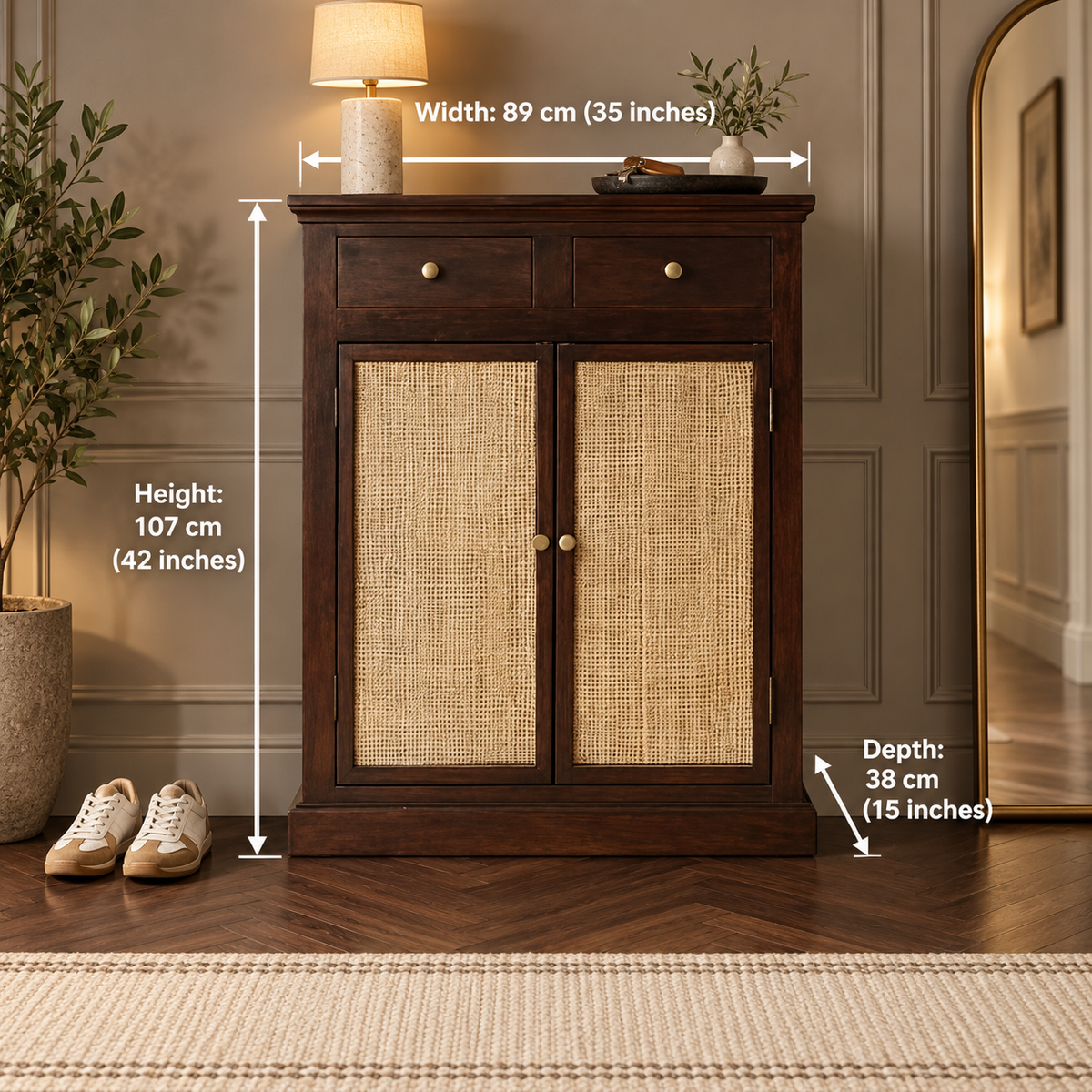 Dark Walnut Two-Door Cane Shoe Cabinet dimensions: 89 cm W × 38 cm D × 107 cm H (35″ × 15″ × 42″)