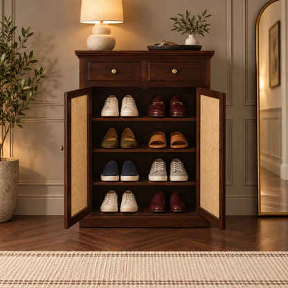 Dark Walnut Two-Door Cane Shoe Cabinet styled in an entryway with footwear and everyday accessories