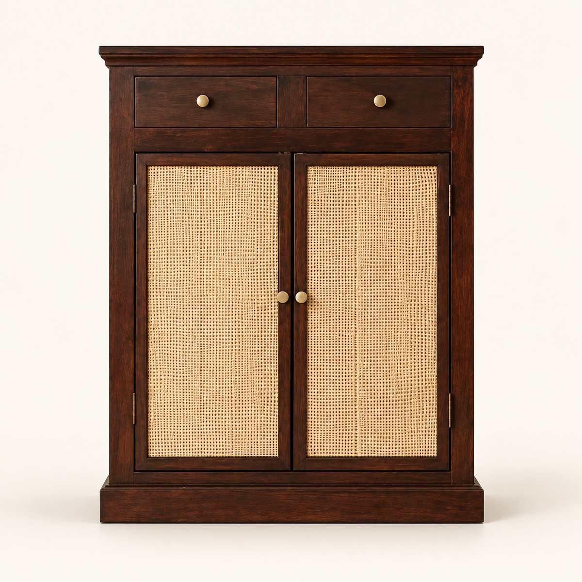 Dark Walnut Two-Door Cane Shoe Cabinet clean front studio view in dark walnut finish
