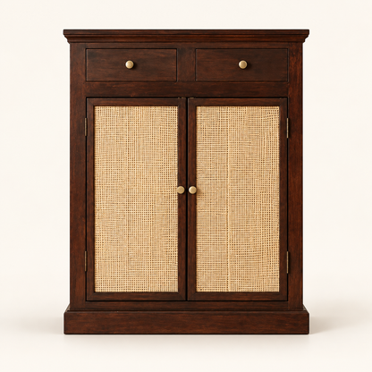 Dark Walnut Two-Door Cane Shoe Cabinet clean front studio view in dark walnut finish
