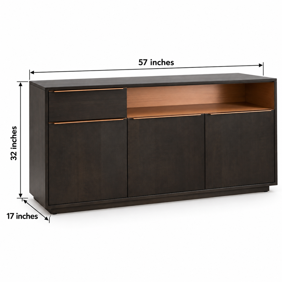 Dark Wooden Sideboard with Open Shelf in dark walnut finish – dimensions 48 × 17 × 37 inches, width × depth × height