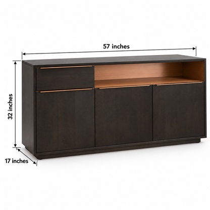 Dark Wooden Sideboard with Open Shelf in dark walnut finish – dimensions 48 × 17 × 37 inches, width × depth × height